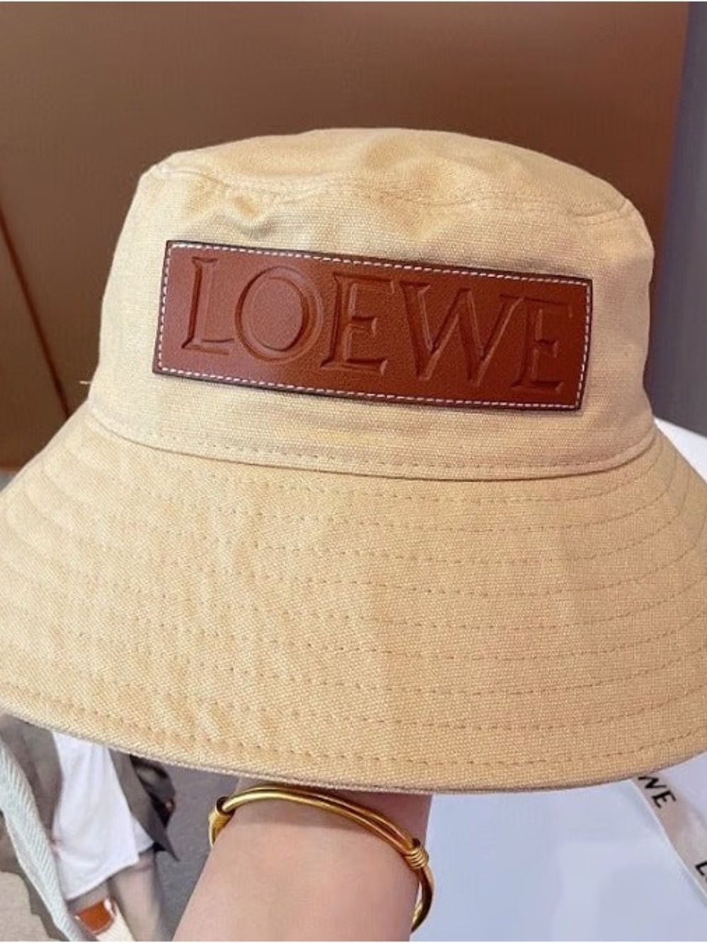 Beige Canvas Bucket Hat with Leather Logo Patch